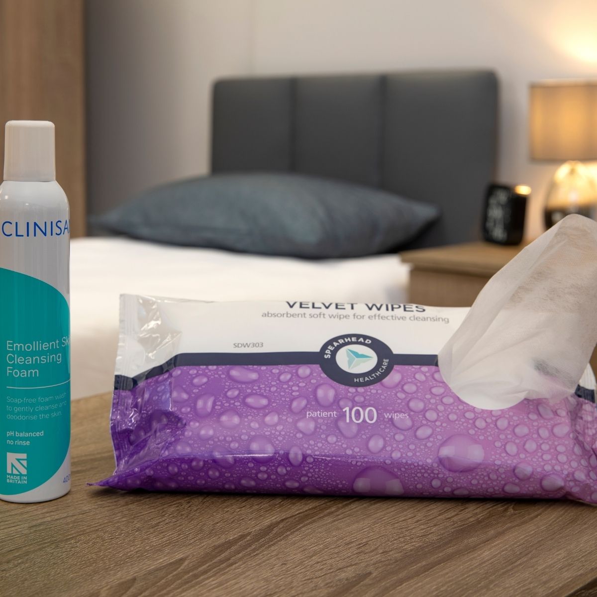 wipes and skin cleansing foam on bedside cabinet